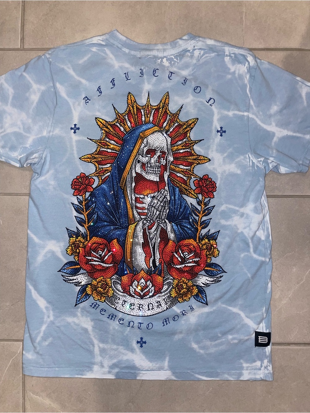 Affliction Light Blue Tie-Dye Graphic Tee with Red & Gold Accents